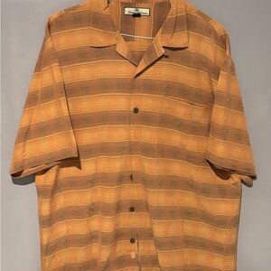 Tommy Bahama men's orange and brown striped short-sleeve silk button-up shirt. L